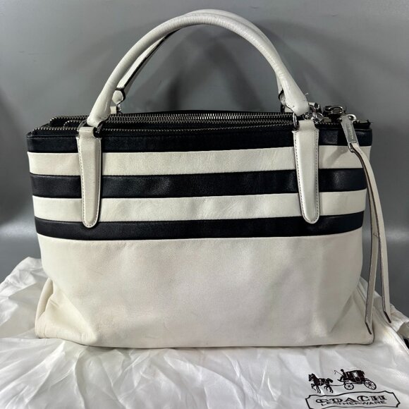 Authentic Coach # 30354 Broug BR Stripe Black/White Leather Sachel/Shoulder Bag - Picture 4 of 14